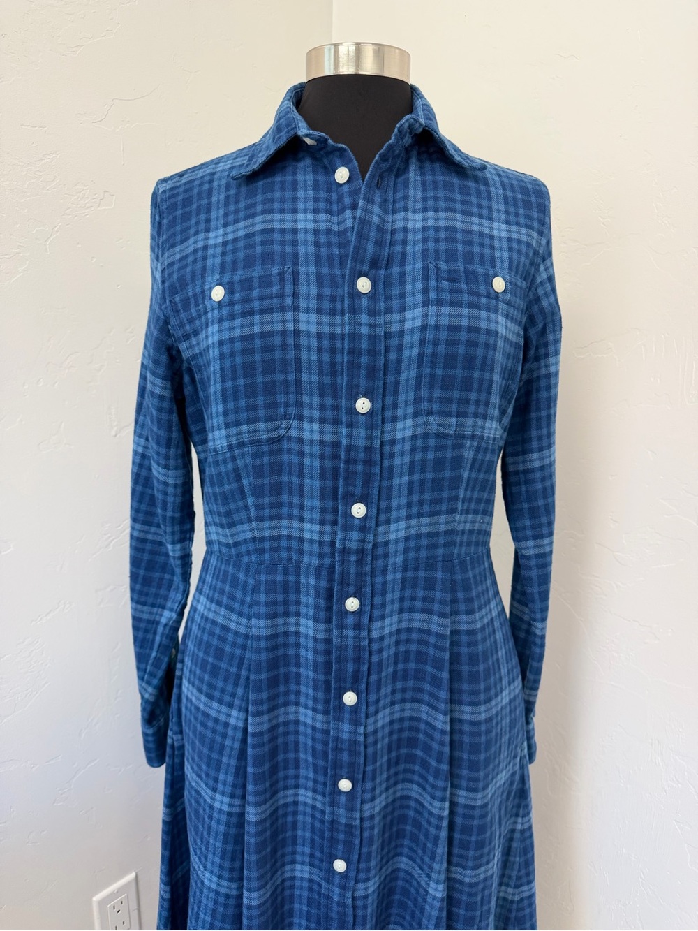 Polo Ralph Lauren Blue Plaid Button-Down Long Sleeve Maxi Shirt Dress Size L - Picture 4 of 15